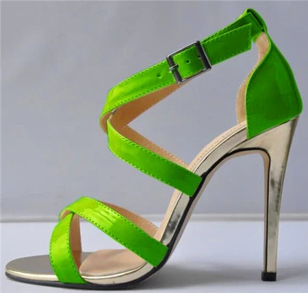 Metal Heel Sexy Crocodile Pattern/Patent Leather Women Sandals 2025 New Open Toe Cross Buckle High Heels Dress Party Shoes Woman