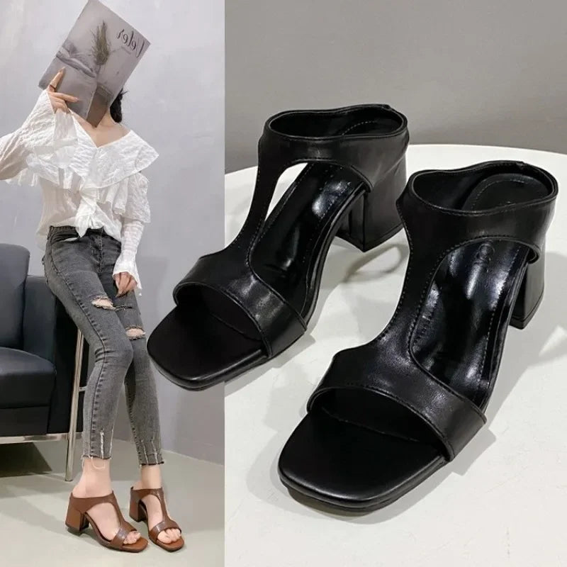 High Heeled Slippers for Women Summer 2025 New Korean Version Stylish and Comfortable Thick Heeled Slippers Woman High Heels