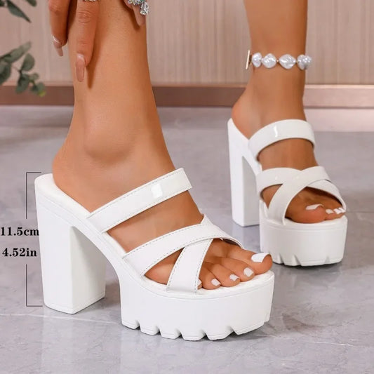 2025 Summer High Heels Slides Ladies Block Heel Platform Slippers Women Wedding Shoes New Big Size Thick Bottom Heel Slippers