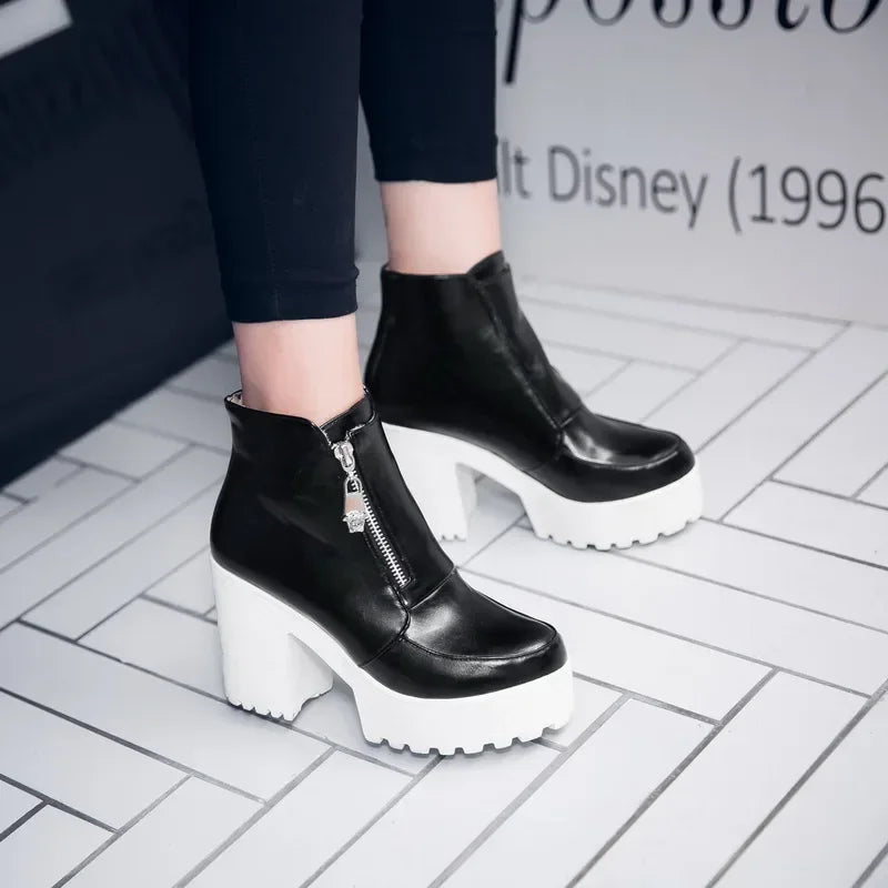 Black White Platform Ankle Boots for Women High Heels Boots Ladies Zip Autumn Winter Booties Woman Boots Shoes Ladies Shoes