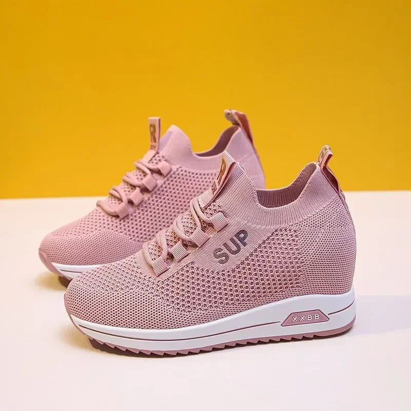 Hot Sale Women Shoes Summer Hidden Heel Wedges White Pink Sneakers Female Platform Breathable Mesh Black Heels Casual Shoe