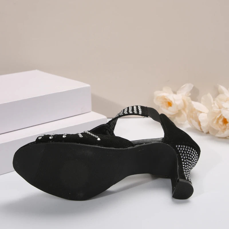 Women Party Dance Shoes Satin Shining Rhinestones Outdoor Ballroom Latin Dance Shoes Woman Salsa Dance Shoes Custom High Heels