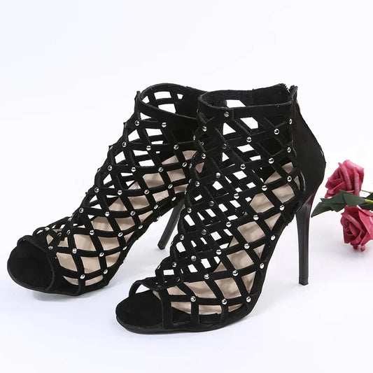 2025Dance Shoes High Heels Women Ballroom Latin Tango Dancing Boots Soft Soles Cut-Outs Party Dance Shoes Open ToesZipper