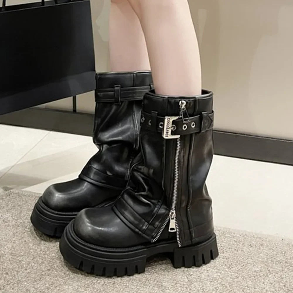 2024 Punk Platform Fold Ankle Boots for Women Belt Buckle Cool Combat Booties Goth Street Shoes For Women