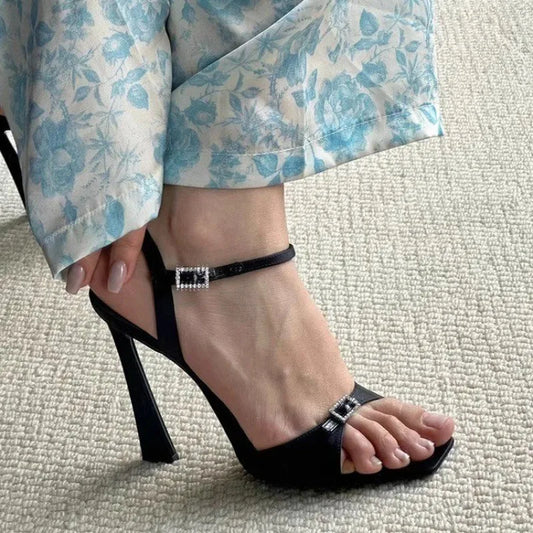 2025 Star style Crystal Satin Strap Buckle Women Gladiator Sandals Fashion Square toe Thin High heels Female Party Dress Shoes