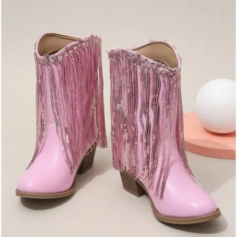 Children Boots Versatile Tassels Pink Elegant 2025 New Performance Girls Boots Low Heels Shiny Solid Color Britain Princess Boot