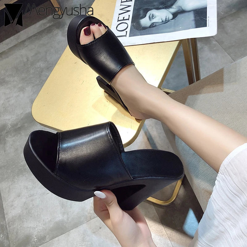 Outdoor White/black square high heels slides mules lady platform peep toe slippers thick bottom shoes brief women summer sandals