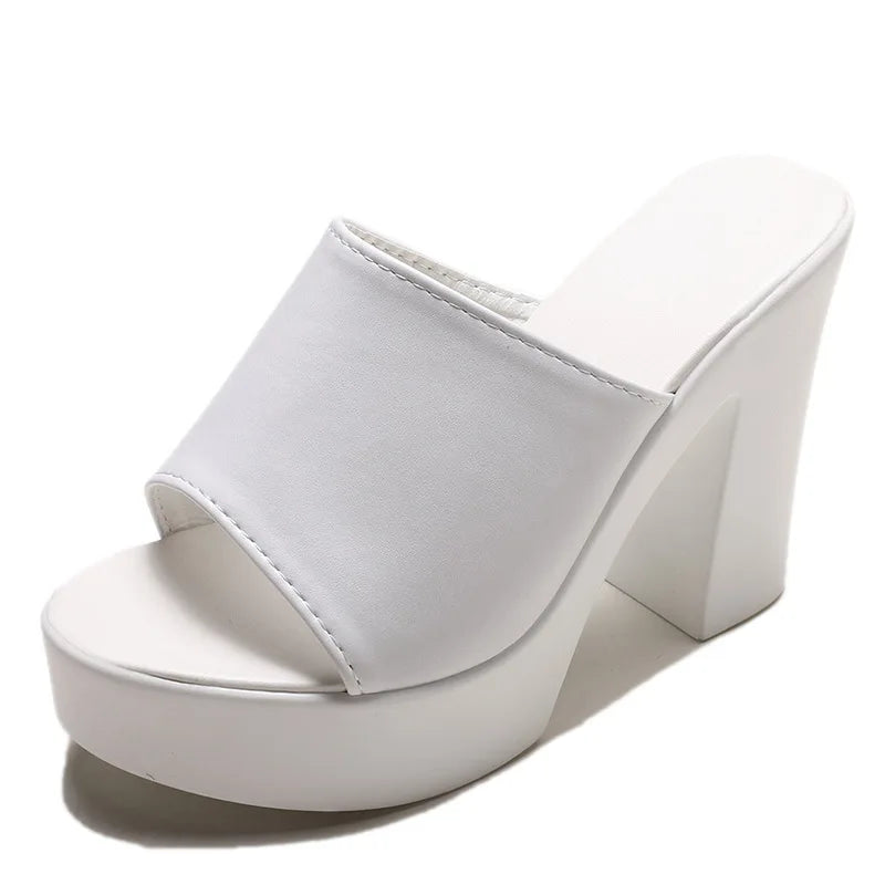 Outdoor White/black square high heels slides mules lady platform peep toe slippers thick bottom shoes brief women summer sandals