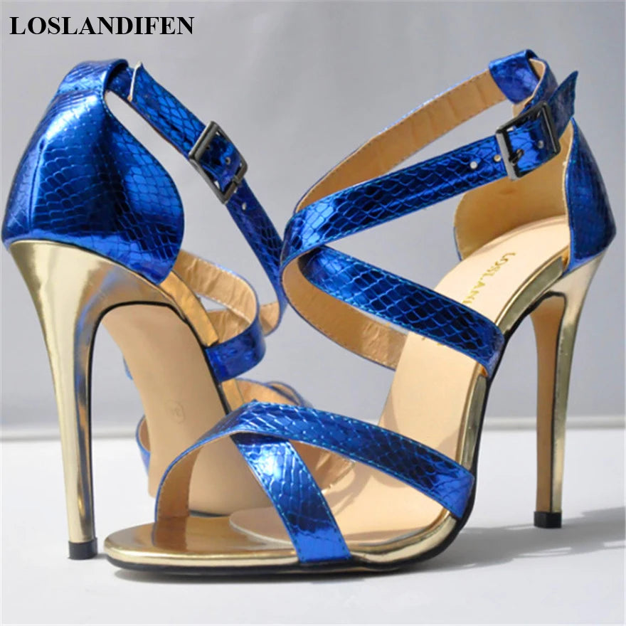 Metal Heel Sexy Crocodile Pattern/Patent Leather Women Sandals 2025 New Open Toe Cross Buckle High Heels Dress Party Shoes Woman