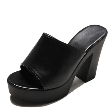 Outdoor White/black square high heels slides mules lady platform peep toe slippers thick bottom shoes brief women summer sandals