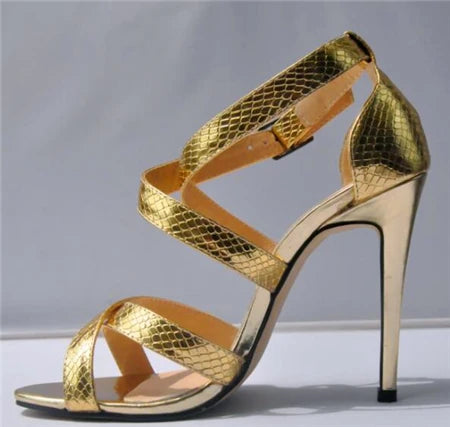 Metal Heel Sexy Crocodile Pattern/Patent Leather Women Sandals 2025 New Open Toe Cross Buckle High Heels Dress Party Shoes Woman