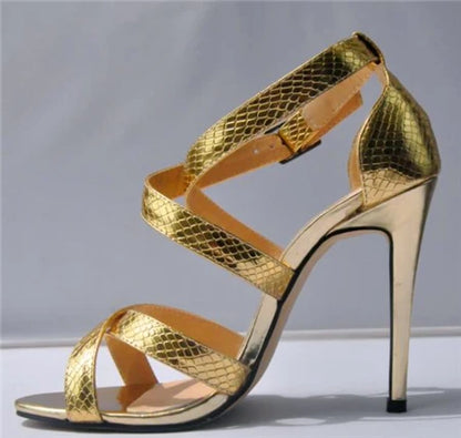 Metal Heel Sexy Crocodile Pattern/Patent Leather Women Sandals 2025 New Open Toe Cross Buckle High Heels Dress Party Shoes Woman