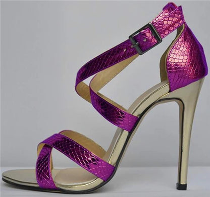 Metal Heel Sexy Crocodile Pattern/Patent Leather Women Sandals 2025 New Open Toe Cross Buckle High Heels Dress Party Shoes Woman