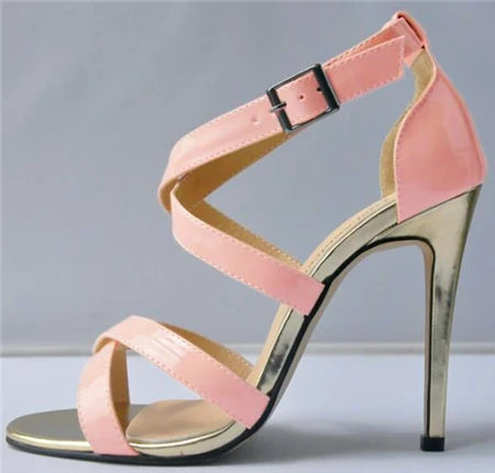 Metal Heel Sexy Crocodile Pattern/Patent Leather Women Sandals 2025 New Open Toe Cross Buckle High Heels Dress Party Shoes Woman