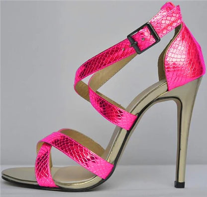 Metal Heel Sexy Crocodile Pattern/Patent Leather Women Sandals 2025 New Open Toe Cross Buckle High Heels Dress Party Shoes Woman