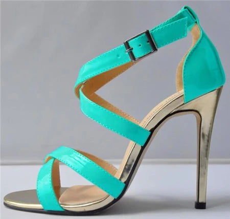 Metal Heel Sexy Crocodile Pattern/Patent Leather Women Sandals 2025 New Open Toe Cross Buckle High Heels Dress Party Shoes Woman