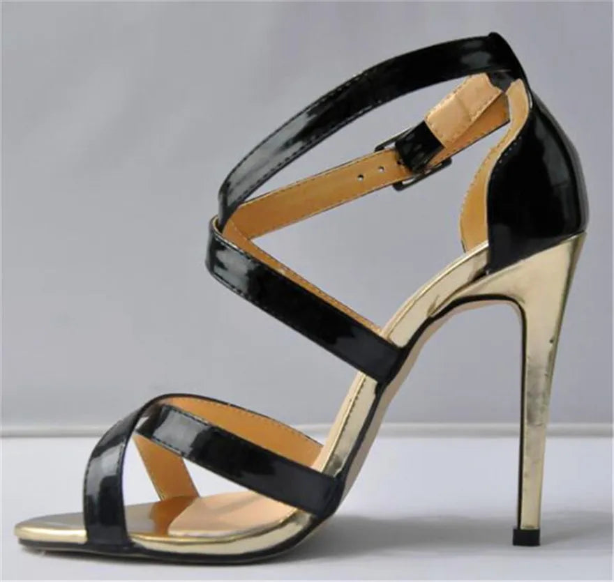 Metal Heel Sexy Crocodile Pattern/Patent Leather Women Sandals 2025 New Open Toe Cross Buckle High Heels Dress Party Shoes Woman