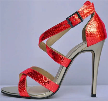 Metal Heel Sexy Crocodile Pattern/Patent Leather Women Sandals 2025 New Open Toe Cross Buckle High Heels Dress Party Shoes Woman