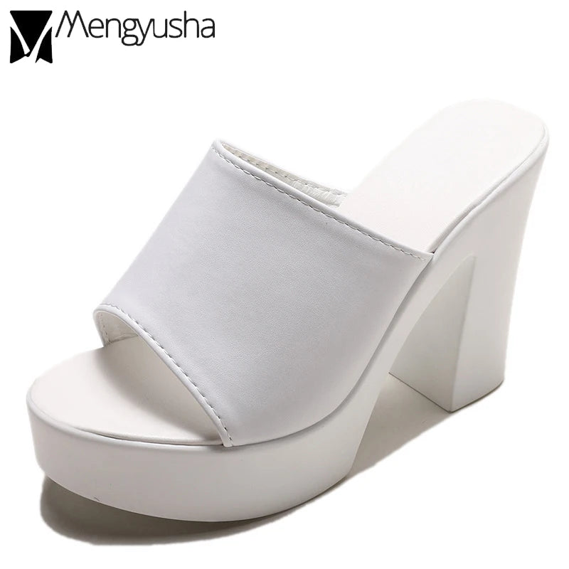 Outdoor White/black square high heels slides mules lady platform peep toe slippers thick bottom shoes brief women summer sandals