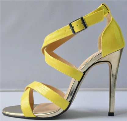 Metal Heel Sexy Crocodile Pattern/Patent Leather Women Sandals 2025 New Open Toe Cross Buckle High Heels Dress Party Shoes Woman