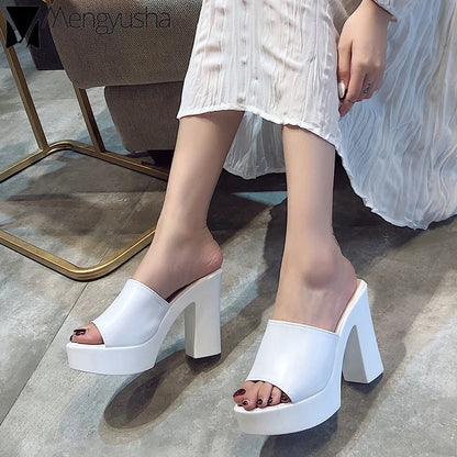 Outdoor White/black square high heels slides mules lady platform peep toe slippers thick bottom shoes brief women summer sandals