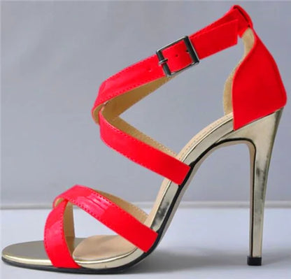 Metal Heel Sexy Crocodile Pattern/Patent Leather Women Sandals 2025 New Open Toe Cross Buckle High Heels Dress Party Shoes Woman