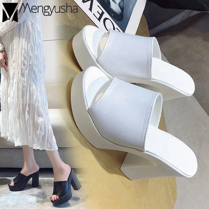 Outdoor White/black square high heels slides mules lady platform peep toe slippers thick bottom shoes brief women summer sandals