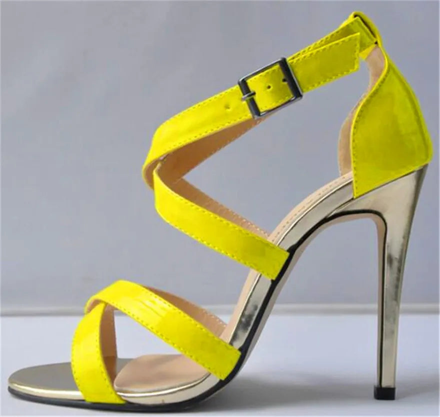 Metal Heel Sexy Crocodile Pattern/Patent Leather Women Sandals 2025 New Open Toe Cross Buckle High Heels Dress Party Shoes Woman