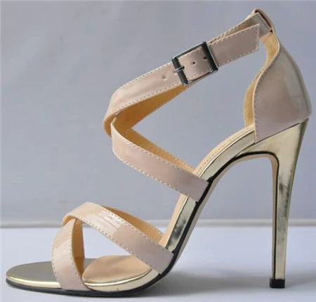 Metal Heel Sexy Crocodile Pattern/Patent Leather Women Sandals 2025 New Open Toe Cross Buckle High Heels Dress Party Shoes Woman