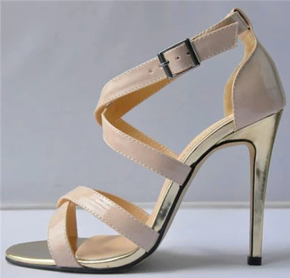 Metal Heel Sexy Crocodile Pattern/Patent Leather Women Sandals 2025 New Open Toe Cross Buckle High Heels Dress Party Shoes Woman