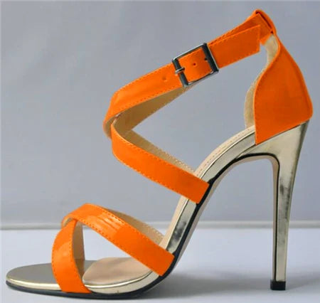 Metal Heel Sexy Crocodile Pattern/Patent Leather Women Sandals 2025 New Open Toe Cross Buckle High Heels Dress Party Shoes Woman