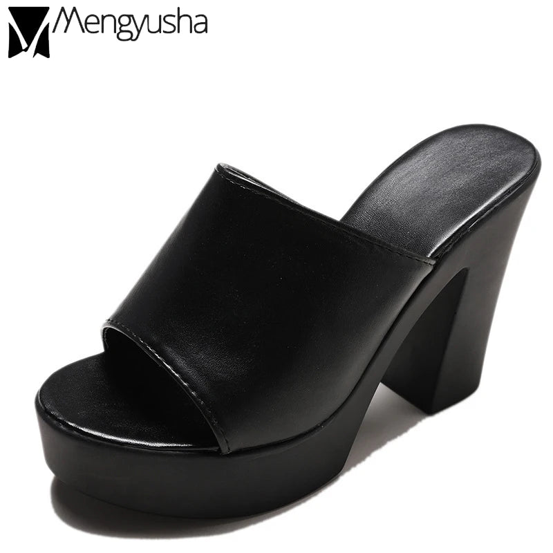 Outdoor White/black square high heels slides mules lady platform peep toe slippers thick bottom shoes brief women summer sandals