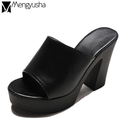 Outdoor White/black square high heels slides mules lady platform peep toe slippers thick bottom shoes brief women summer sandals