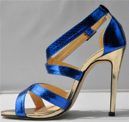 Metal Heel Sexy Crocodile Pattern/Patent Leather Women Sandals 2025 New Open Toe Cross Buckle High Heels Dress Party Shoes Woman