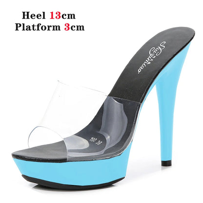 Stripper Heels Slipper female SANDAL WOMAN Summer PVC Slides Waterproof 13cm Thick Bottomed Nightclub Sexy High-heeled  Platform