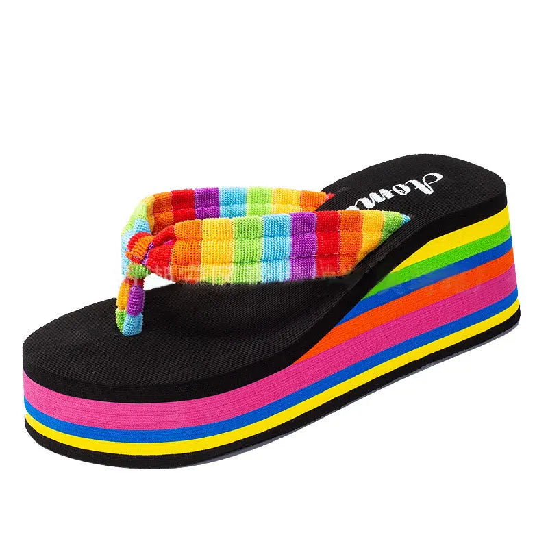 Women Flip Flops Beach Shoes Wedge Sandals High 10CM Heels Casual Peep Toe Platform Slippers Rainbow Summer Woman Slippers