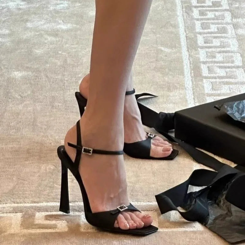 2025 Star style Crystal Satin Strap Buckle Women Gladiator Sandals Fashion Square toe Thin High heels Female Party Dress Shoes