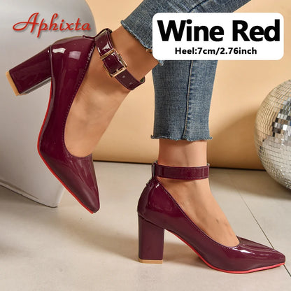 Aphixta 3.94/2.76Inch Super High Square Heels Pumps Women 2cm Belt Buckle Metal Buckle Strap Shoes Pointed Toe Big Size 35-53
