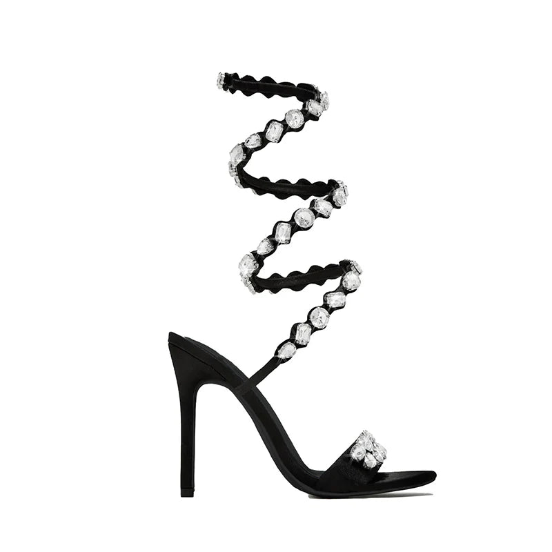 MM Stiletto Appliques Chain Strap Sandals Round Tote Rhinestone Thin Heel Butterfly Heels Women Shiny Tassel Leg Wrap Sandals