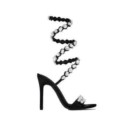 MM Stiletto Appliques Chain Strap Sandals Round Tote Rhinestone Thin Heel Butterfly Heels Women Shiny Tassel Leg Wrap Sandals