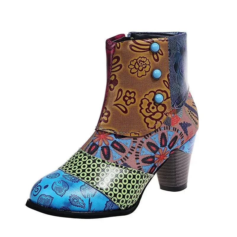 Vintage Splicing Printed Ankle Boots for Women Shoes Female PU Leather Retro Block High Heels Bohemian Ladies Winter Short Boots