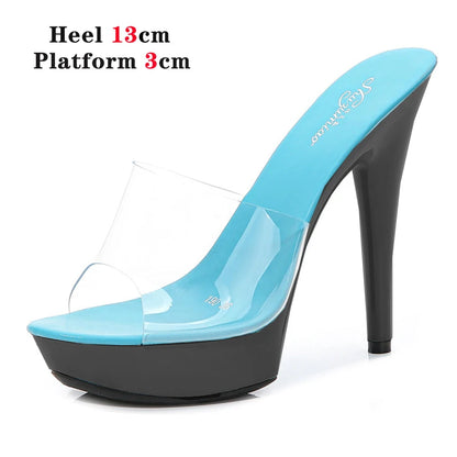 Stripper Heels Slipper female SANDAL WOMAN Summer PVC Slides Waterproof 13cm Thick Bottomed Nightclub Sexy High-heeled  Platform