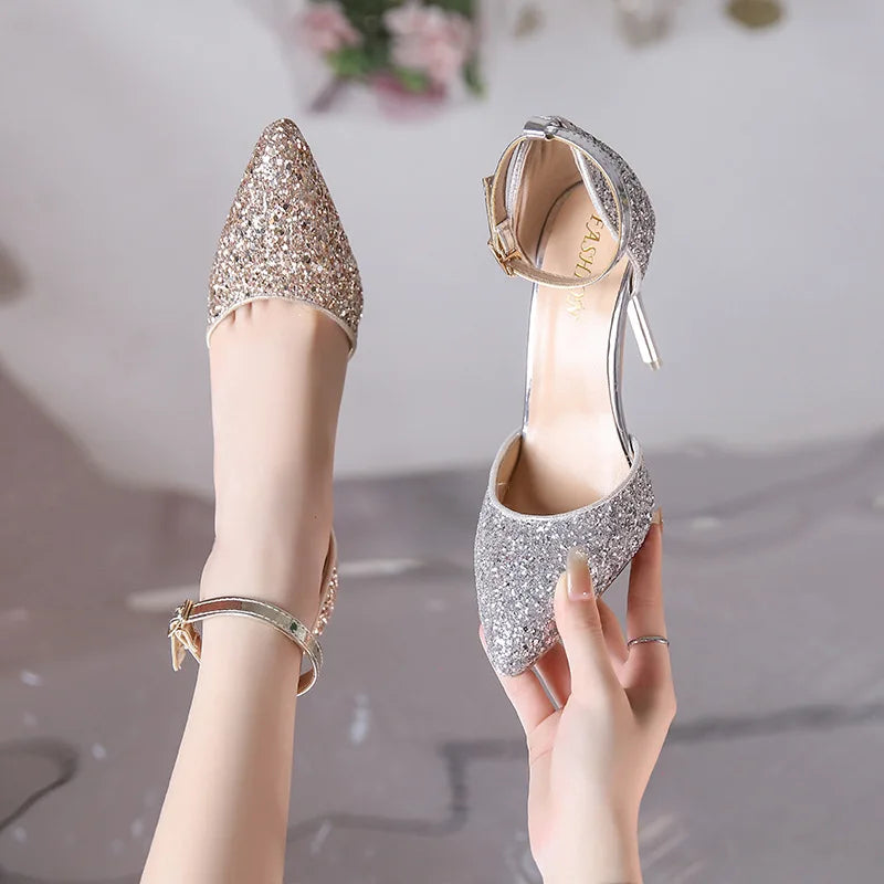 2025 New Woman Pumps Luxury Sequins High Heels Summer Women Party Shoes Fashion Sexy Gold Sliver Stiletto Heels Ladies Sandals