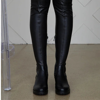 2025 Winter Over the Knee Women Boots European Platform Zipper Ladies Shoes Comfort Square High Heels Elastic Leather Long Boots