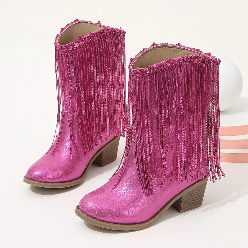 Children Boots Versatile Tassels Pink Elegant 2025 New Performance Girls Boots Low Heels Shiny Solid Color Britain Princess Boot