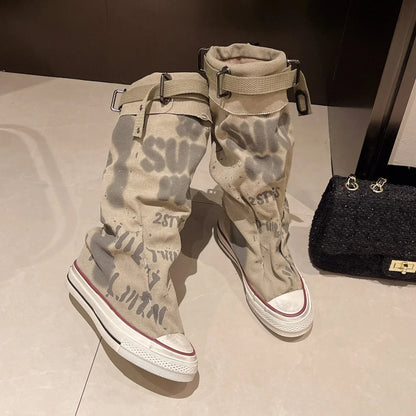 High Top Canvas Boots for Women Trend Long Boot Graffiti Flats Casual Vulcanized Shoes 2024 New Trouser Barrel Stacking Boots