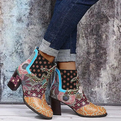 Vintage Splicing Printed Ankle Boots for Women Shoes Female PU Leather Retro Block High Heels Bohemian Ladies Winter Short Boots