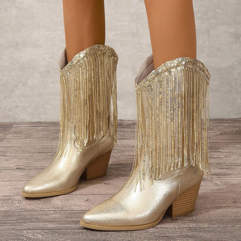 Women's Fringed Cowgirl Boots Concert Western Boot 2025 Spring Summer Vintage Cowboy Boots for Women Pointed Toe Mid-calf Boots