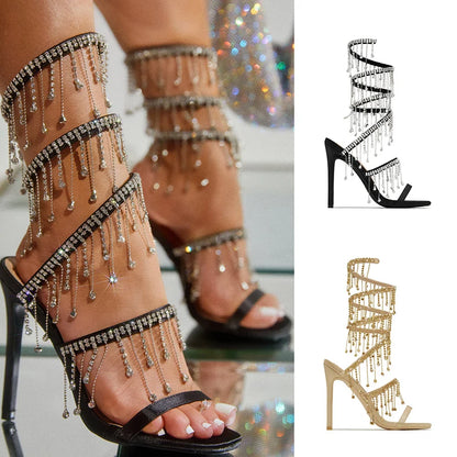 MM Stiletto Appliques Chain Strap Sandals Round Tote Rhinestone Thin Heel Butterfly Heels Women Shiny Tassel Leg Wrap Sandals