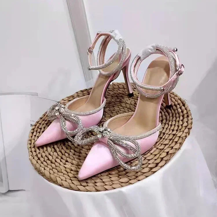 Fashion Glitter Rhinestones Pumps Ladies Sexy Crystal Bowknot High Heels Women Elegant slim heels  Party Wedding pumps 36-42